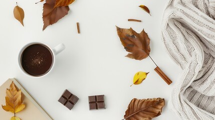 Wall Mural - Autumn composition Hot chocolate blanket notebook autumn leaves cinnamon sticks on white background Flat lay top view : Generative AI