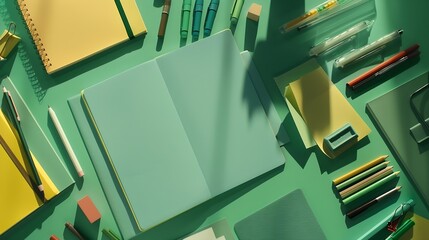 Wall Mural - Workspace concept notepad and writing supplies on green desk flat lay top view copy space : Generative AI