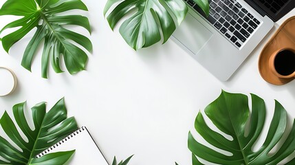Aufkleber - Home office workspace mockup with laptop tropical leaves Monstera notebook and accessories on white background Flat lay top view : Generative AI