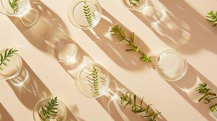 Poster - Flat lay composition with Petri dishes and plants on beige background : Generative AI