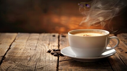 Poster - A steaming cup of freshly brewed coffee on a rustic wooden table, evoking warmth and comfort in a cozy