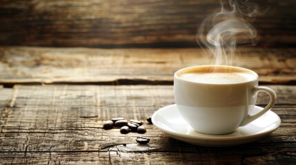 Poster - A steaming cup of freshly brewed coffee on a rustic wooden table, evoking warmth and comfort in a cozy
