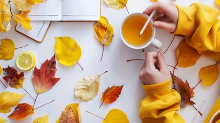Poster - Autumn flat lay  colorful autumn leaves a cup of tea with lemon clean week planner female hands in a yellow hoodie pencil in hand : Generative AI
