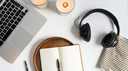Poster - Workspace with headphones pen notebook sketchbook white vintage tray candlesticks on white background Flat lay top view Freelancer working place : Generative AI