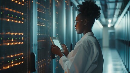 Poster - A female technician in a data center uses a tablet to check and analyze the effectiveness of data security measures, as well as to improve the system of storing information in a cloud environment