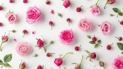 Poster - Decorative pattern with pink bright roses buds and berries on white background Flat lay top view view from above : Generative AI
