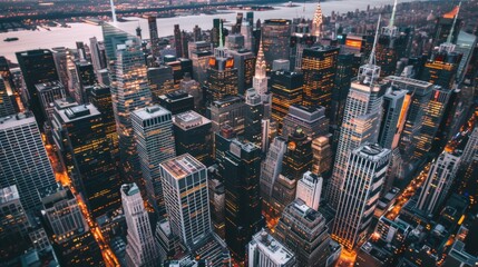 Aufkleber - A stunning aerial view of a city skyline at twilight, with skyscrapers reflecting the golden hues of sunset and city lights beginning to twinkle.