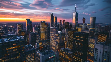Aufkleber - A stunning aerial view of a city skyline at twilight, with skyscrapers reflecting the golden hues of sunset and city lights beginning to twinkle.