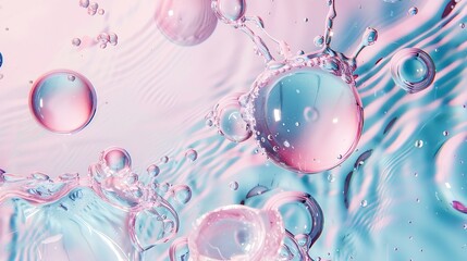 Wall Mural - Top view of blue transparent clear calm water surface Texture with splashes and bubbles with pink podium Trendy abstract summer nature background for product presentation Flat lay cosm : Generative AI
