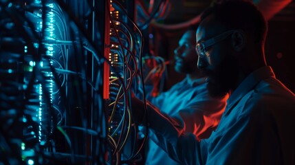 Aufkleber - A male technician at a data center learns new data analysis techniques and technologies to optimize workflows and improve network efficiency.