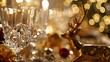 Christmas table decoration Banquet table with glasses before serving food Closeup of Christmas dinner table with seasonal decorations crystal glasses and decorative deer : Generative AI