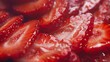 Strawberry background Blurred natural red background Texture of strawberry berries Beautiful sliced strawberries closeup Horizontal closeup nobody Healthy eating concept : Generative AI
