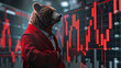 Bear businessman with red suit and red stock market chart. 3D rendering