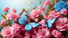 Beautiful Blue Butterfly And Pink Flowers. Summer And Spring Background