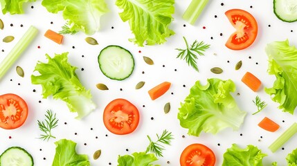 Wall Mural - Eating pattern with raw ingredients of salad lettuce leaves cucumbers red tomatoes carrots celery and seeds on white background : Generative AI