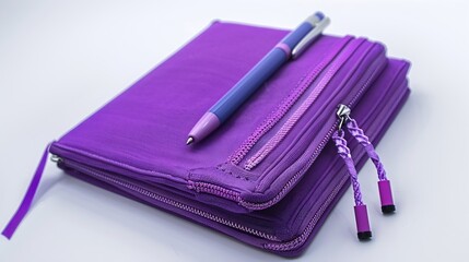 Poster - Purple notebook with pencil case pen and marker isolated on white background : Generative AI