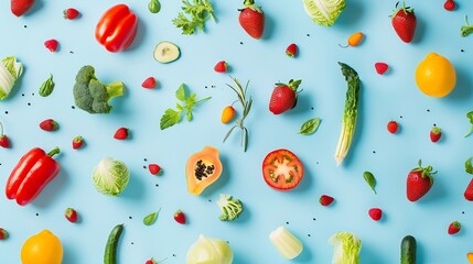 Wall Mural - Summer healthy organic fruits and vegetables pattern on pastel blue background Flat lay : Generative AI