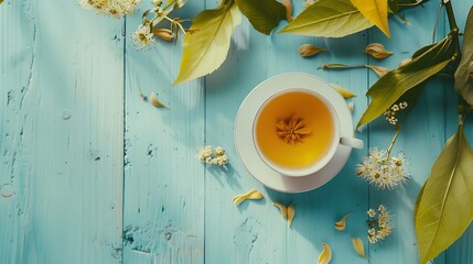 Aufkleber - Flat lay composition with tea and linden blossom on light blue wooden table : Generative AI