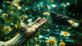 Fototapeta  - Symbolic scene of a hand with flora and fauna representing mother earth day nature
