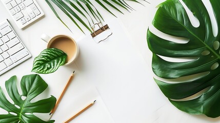 Aufkleber - Flat lay top view office table desk Workspace with blank clip board keyboard office supplies pencil green leaf and coffee cup on white background : Generative AI