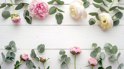 Aufkleber - Border frame made of pink and beige peonies flower buds eucalyptus branches and leaves isolated on white wooden background Flat lay top view Frame of flowers : Generative AI