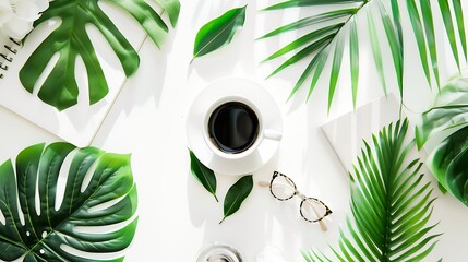Aufkleber - Flat lay blogger workspace mockup with tropical leaves  coffee and accessories on white background Copy space : Generative AI