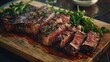 © Generative AI - Modern style traditional barbecue dry aged wagyu porterhouse beef steak bistecca alla Fiorentina sliced and served as closeup on a wooden design board : Generative AI