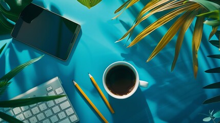 Aufkleber - Creative flat lay photo of workspace desk with smartphone keyboard coffee pencil leaves with copy space background : Generative AI