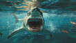 angry great white shark, mouth open showing teeth in the ocean. fish swimming around in the background. underwater photography