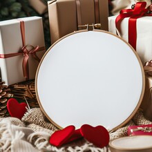 An Embroidery Hoop Is Sitting On A Cream Colored Cloth. There Are Several Wrapped Presents And Red Heart Shaped Ornaments Sitting Around It. There Is A Pine Cone And A Spool Of Thread. The Background