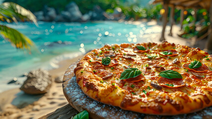 Pizza with mozzarella cheese, tomatoes and basil on a wooden board on the background of the sea