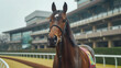 A regal bay thoroughbred horse stands proudly in front of a racing grandstand, exuding calm and confidence.