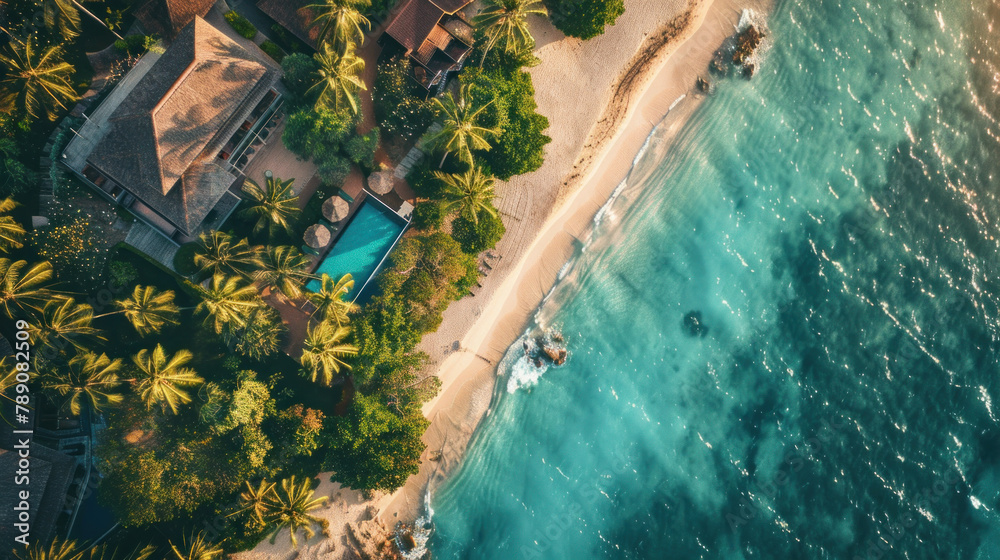 aerial view of a luxury hotel resort with a swimming pool and palm ...