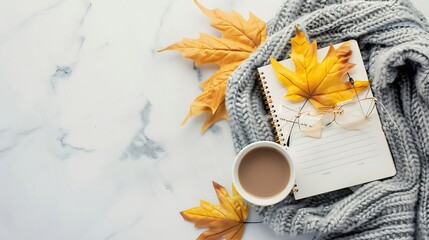 Aufkleber - Workspace with golden maple leaves notebook coffee cup wrapped in scarf  glasses Stylish office desk Autumn or Winter concept  Flat lay top view : Generative AI