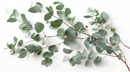 Poster - Green eucalyptus branches on a white background Flat lay top view : Generative AI