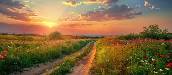 Wall Mural - The dirt road landscape and lovely field of cosmos flowers during sunset.