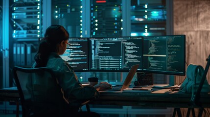 Poster - A female software engineer in a data center has a keen interest in data analysis and online protection, actively exploring new opportunities and developing appropriate strategies.