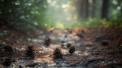 Aufkleber - Forest path closeup with cones and roots Low point of view in nature landscape Blurred nature background copy space Park low focus depth Ecology environment : Generative AI