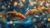 Fototapeta  - Create an image of two vibrant, jumping koi fish dissolving into glowing particles, with a bright, colorful, translucent effect and optical flares. Close-up view.