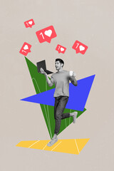 Poster - Vertical photo collage of happy guy hold macbook cup beverage pause blog likes heart feedback popular isolated on painted background