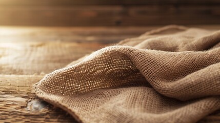 Aufkleber - Burlap fabric cloth on brown wooden kitchen table with copy space : Generative AI
