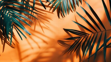 Aufkleber - Tropical shadow on orange background Tropic palm leaf overlay on thanksgiving and halloween backdrop Product display Natural silhouette on wall Flat lay : Generative AI