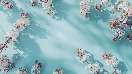 Poster - Beautiful Turquoise blue background with spring cherry blossom branches top view flat lay frame Creative springtime layout banner or template : Generative AI