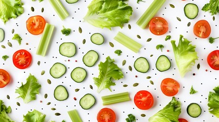 Poster - Eating pattern with raw ingredients of salad lettuce leaves cucumbers red tomatoes carrots celery and seeds on white background : Generative AI