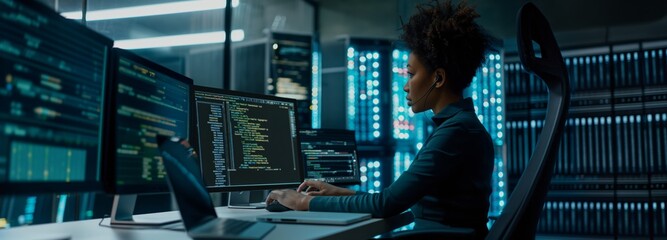 Poster - Female engineer in data center is responsible for verifying and analyzing effectiveness data security systems, developing implementing advanced technologies to ensure protection information. Banner