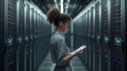 Poster - A professional engineer analyzes and improves electronic systems in the server room, ensuring efficient data storage. In the middle data center, a female engineer is deeply immersed in server setup
