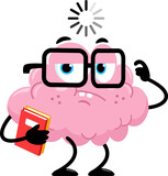 Fototapeta Dinusie - Funny Brain Cartoon Character Holding TextBooks And Thinks. Vector Illustration Flat Design Isolated On Transparent Background