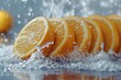 Sliced ripe oranges with water droplets shimmering on the surface display freshness and vibrancy