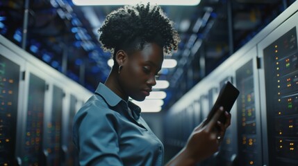 Poster - A female Internet engineer at data center is actively engaged in setting, maintaining cloud storage systems, ensuring their reliability, security. Hangar with servers. Beautiful african american woman