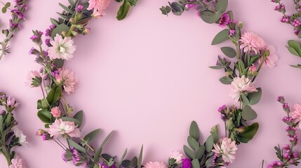 Poster - Background wreath frame with round of flowers Flat lay top view : Generative AI